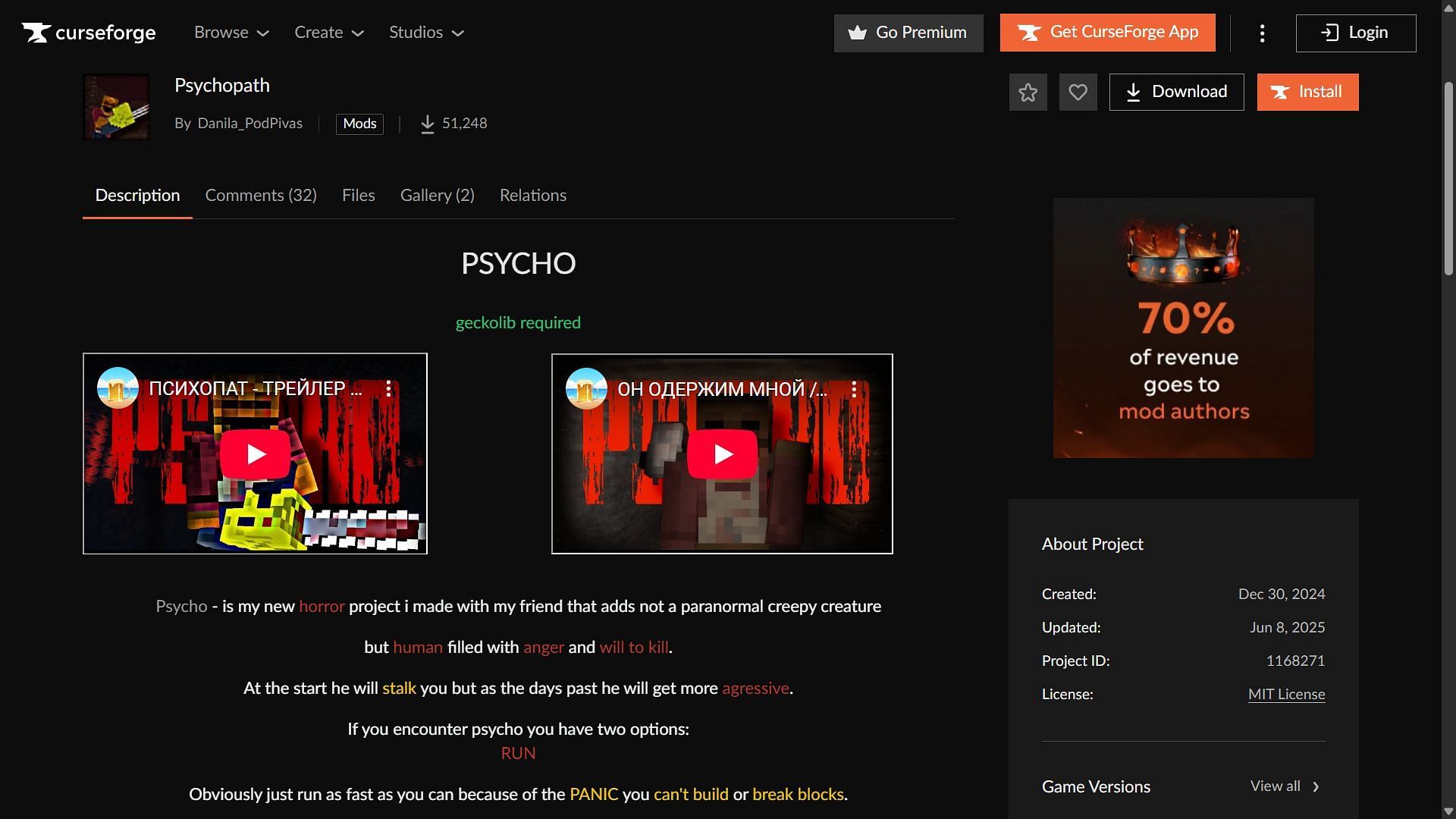 Psychopath mod can be downloaded from the CurseForge website (Image via CurseForge)